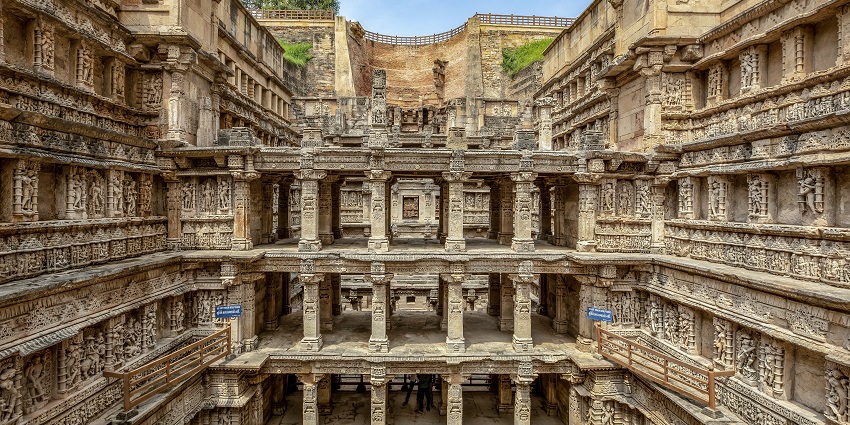 Rani ki Vav in Patan, an intricately designed stepwell with detailed carvings and multiple levels