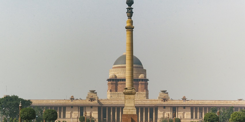 A frontal view of the historical Rashtrapati Bhavan in Delhi, located near the Lal Bahadur Shastri Museum