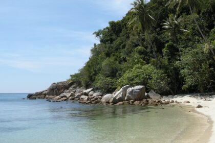 A serene view of Rawa Island, showcasing its clear blue waters and lush greenery.