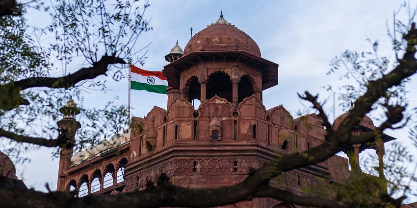 An image of the national flag of India, colloquially called the tricolour at the Red Fort.