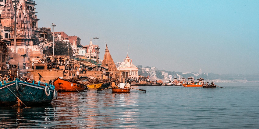An image of Lalit Ghat during sunset, capturing its tranquil atmosphere and scenic views.