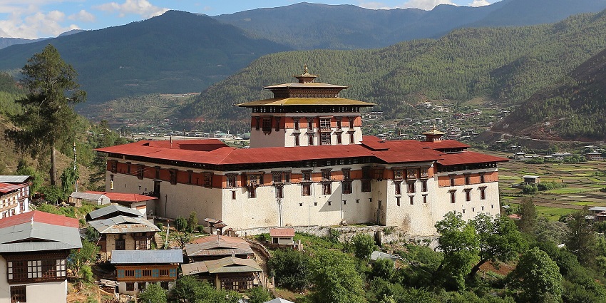 Rinpung Dzong, a large fortress-monastery with intricate architecture in Paro.