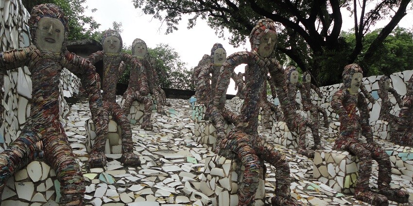 View inside the rock garden, of the large sculptures made of rocks