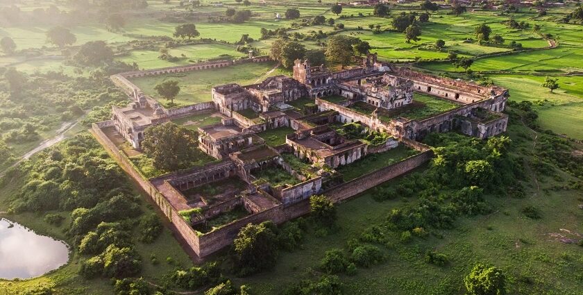 A beautiful aerial view of the Rohtasgarh Fort in Bihar, located amongst lush greenery.