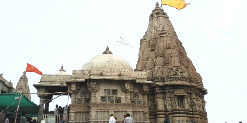 The view of Rukmini Devi temple in Dwarka which is adorned with intricate carvings
