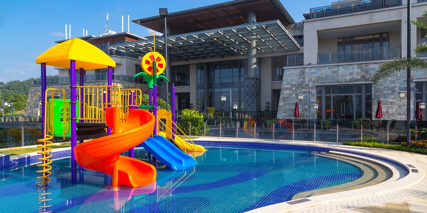 S-Cube Water Park pool and slides, featuring fun water attractions and vibrant slides near Vadodara.