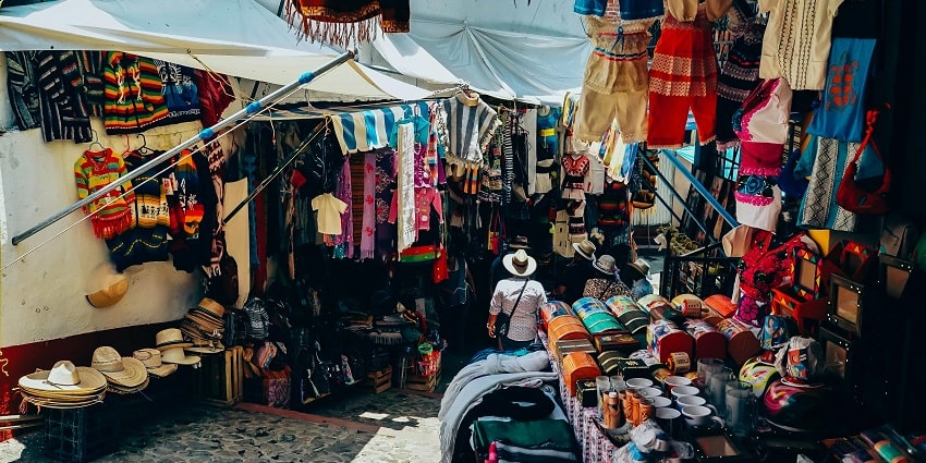 Shops selling a variety of products including clothes and accessories at Sadar Bazaar.