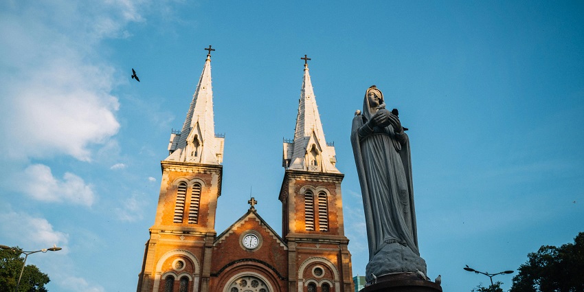 A glimpse of the notable Saigon Notre-Dame Cathedral, a tourist hotspot in Vietnam.