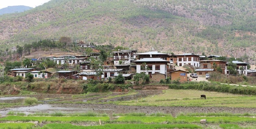 A scenic village amongst the wilderness of Bhutan with mountains in the background