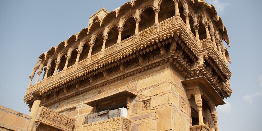 Explore the distinctive architecture of Salim Singh ki Haveli in Jaisalmer, Rajasthan.