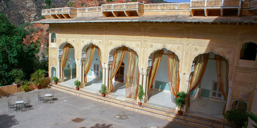 The courtyard arcades at Samode Palace, a famous tourist place near Jaipur
