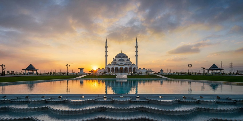 Sunset view over a landscape, capturing the tranquil atmosphere near famous mosques in Nepal.