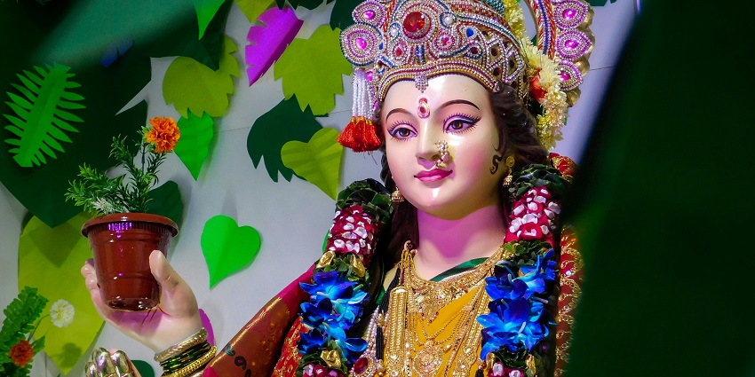 Image of Goddess Santoshi, depicted in traditional attire with a serene expression.