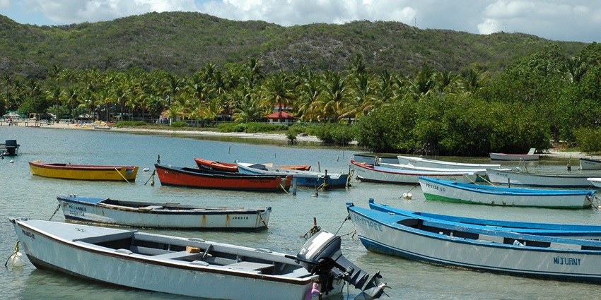 View of the shores Sao Jacinto Island with boats lining, with the blue sky in the background.