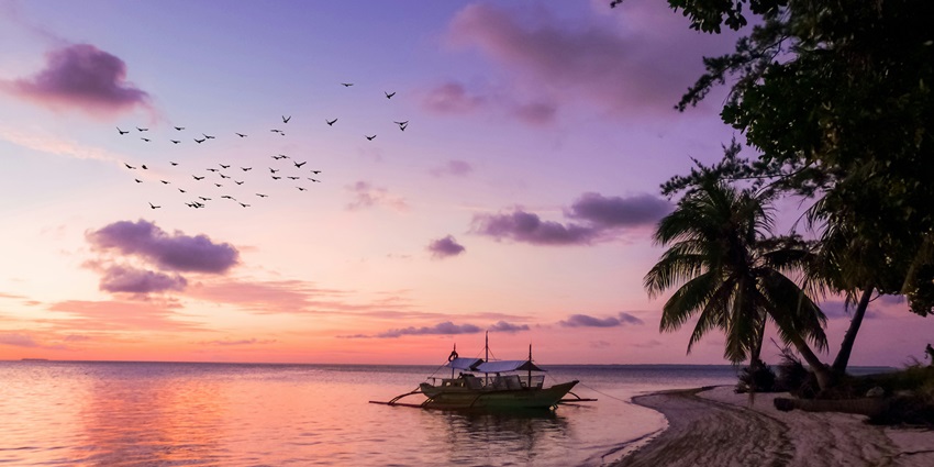 Scenic view of the Island shores, adorned with pink and lilac sunset hues