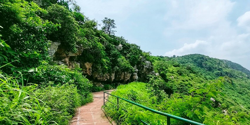 A picture of a garden area near the main entrance of the Saptaparni Caves