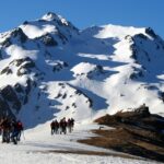 Trekkers crossing snow-covered terrain at the Sar Pass trekking in the Himalayas, surrounded by peaks