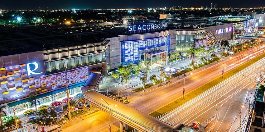 Top view of the Seacon Square Mall one of the best shopping malls in Bangkok at night.