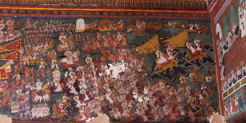 Traditional Hadoti-style painting showing wedding procession at Chhatra Mahal.