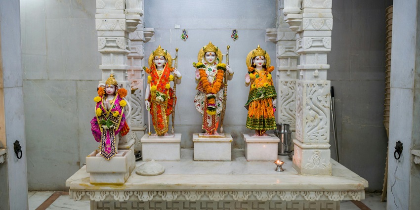 Beautiful idols of Lord Rama, Goddess Sita, Lord Hanuman, and Laxman being worshipped at a Hindu temple