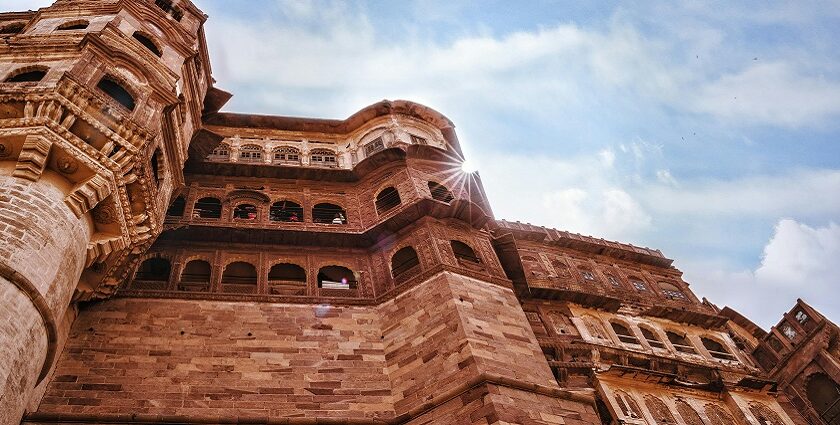 A glimpse of the famous tourist attraction of Rajasthan made up of red sandstone.