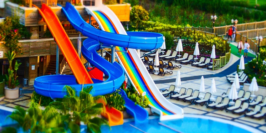 The adventure park near ahmedabad features numerous water slides for a thrilling experience