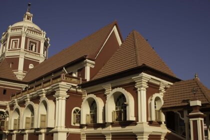 Wide angle view of Shantadurga temple, one of the most popular attractions in Goa