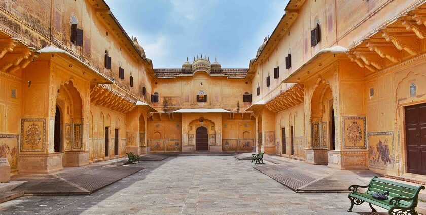 Sheesh Mahal Nahargarh Fort features opulent frescoes and mirrors reflect royalty.