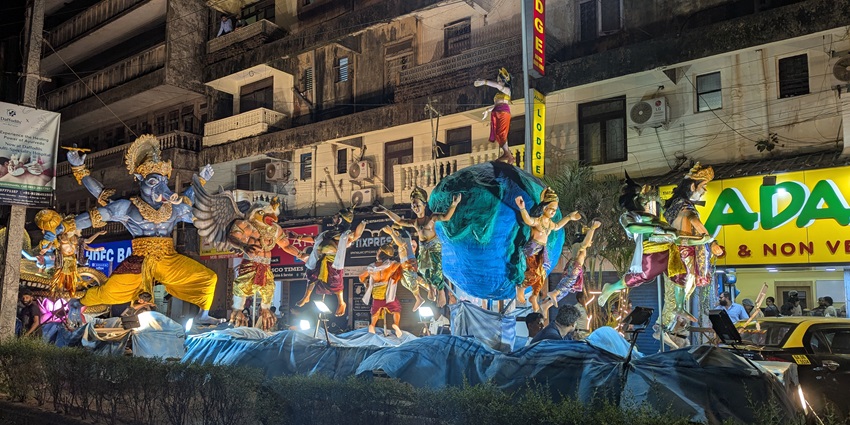 A mythological float at Shigmo Festival 2025, with elaborate figures and vibrant colours.