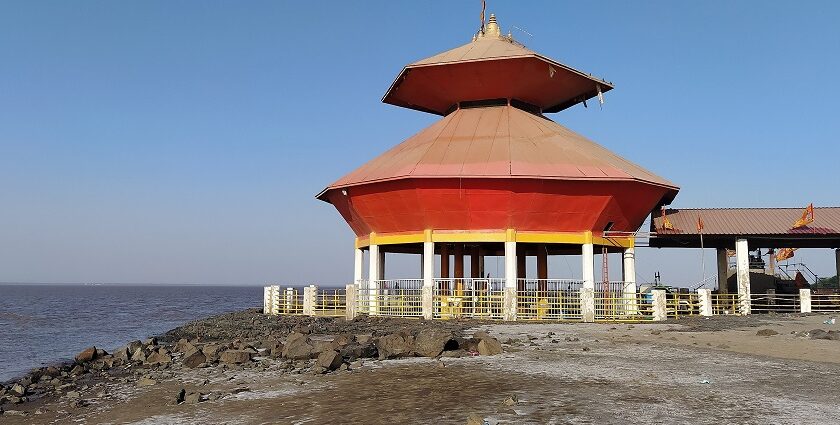 Image of Shree Stambheshwar Mahadev Temple, submerged at high tide, honors Shiva