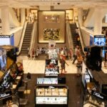 View of colourful and bustling shoppers and displays at a shopping mall in Gandhinagar