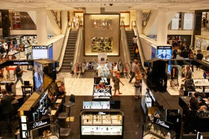 View of colourful and bustling shoppers and displays at a shopping mall in Gandhinagar