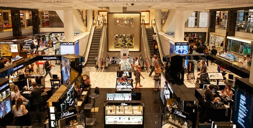 View of colourful and bustling shoppers and displays at a shopping mall in Gandhinagar