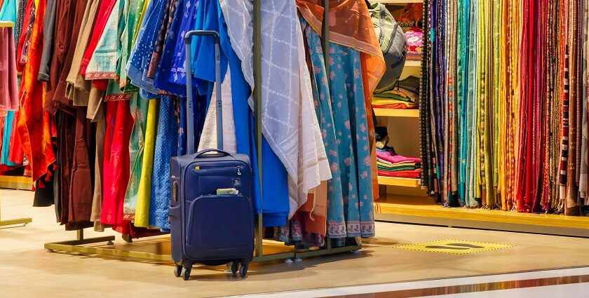 A glimpse of colourful apparel beautifully lined inside a store with vibrant dupattas.