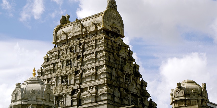 A beautiful view of the gopuram, seen from below at Shree Balaji Temple, Ahmedabad.