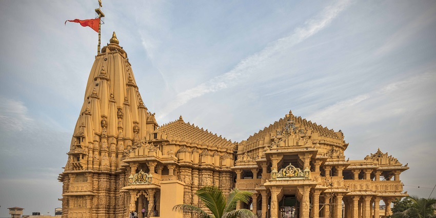 The Somnath temple features intricate carvings, near the shiva temple in Gujarat sea