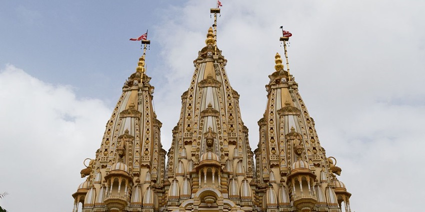 A low angle view of the towers at Shree Swaminarayan Temple in Ahmedabad.