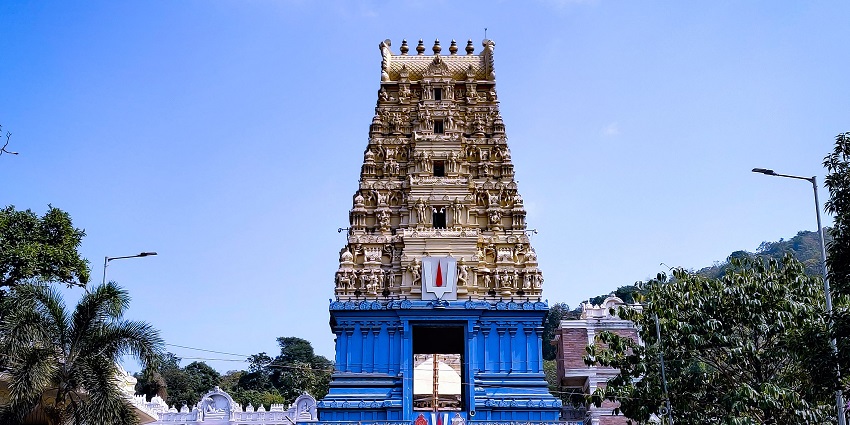 Distant view of the temple, and the intricate carvings on the roof reflecting area's rich heritage