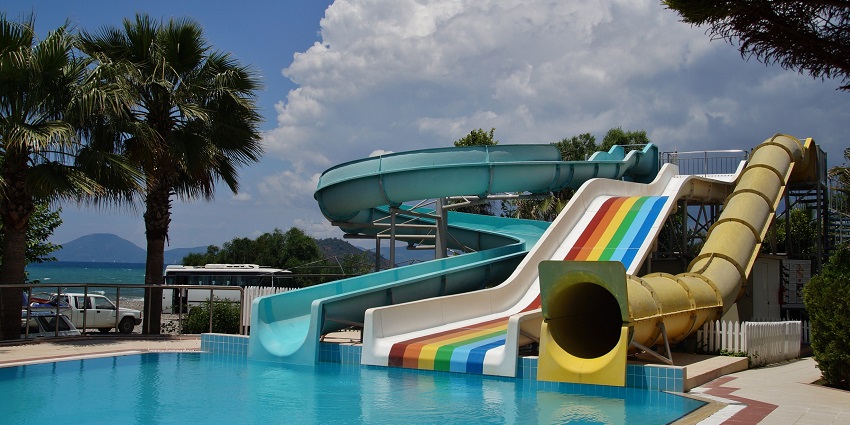 The water park features various water slides.