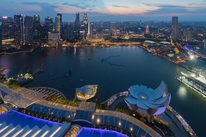 The beautiful skyline of Singapore with high-rise buildings and vibrant city lights.