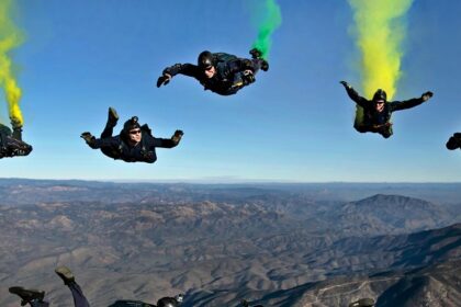 Group of skydivers soaring above Deesa, one of the popular places for skydiving in Ahmedabad