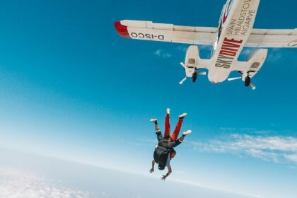 Person skydiving in Pokhara with a clear sky from a great height for a thrilling adventure.