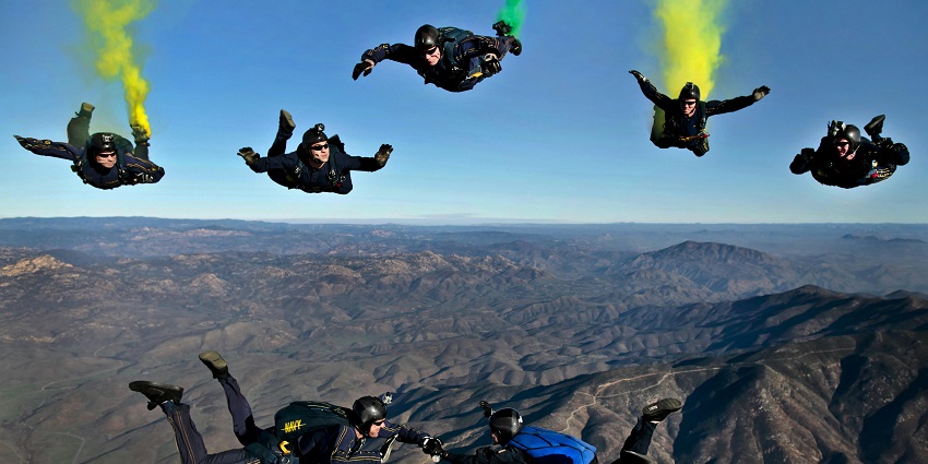 Skydiver free-falling with panoramic views and enjoying adventure sports in Nepal.