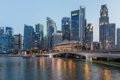 An image of a skyline of the Central Business District of Singapore and Esplanade Bridge.