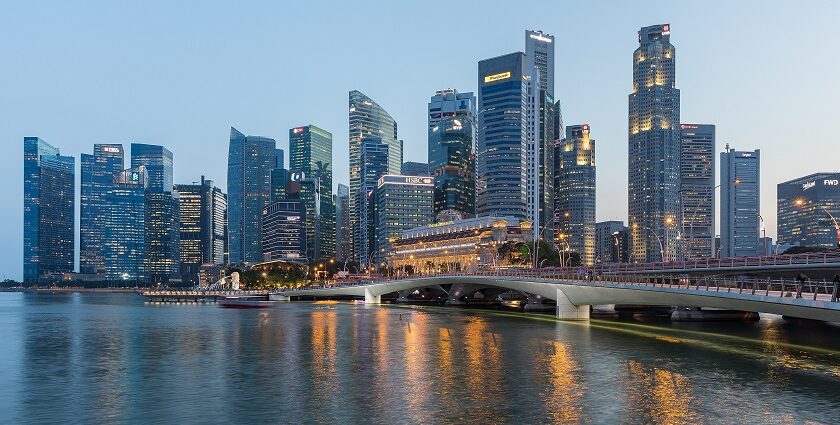 An image of a skyline of the Central Business District of Singapore and Esplanade Bridge.