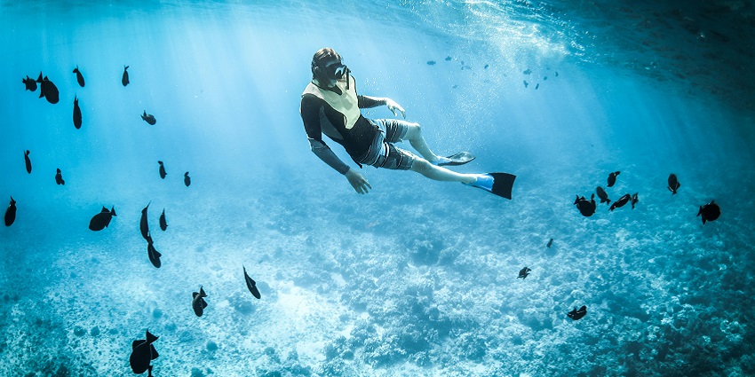 Snorkelling lets you explore the underwater world, vibrant with colourful coral reefs and diverse marine species.