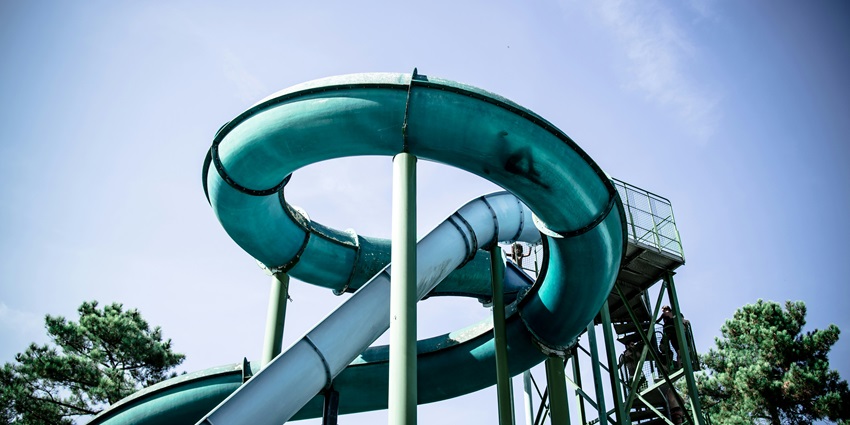A view of a majestic spiralling water ride at the famous Splashdown Water Park in Goa.