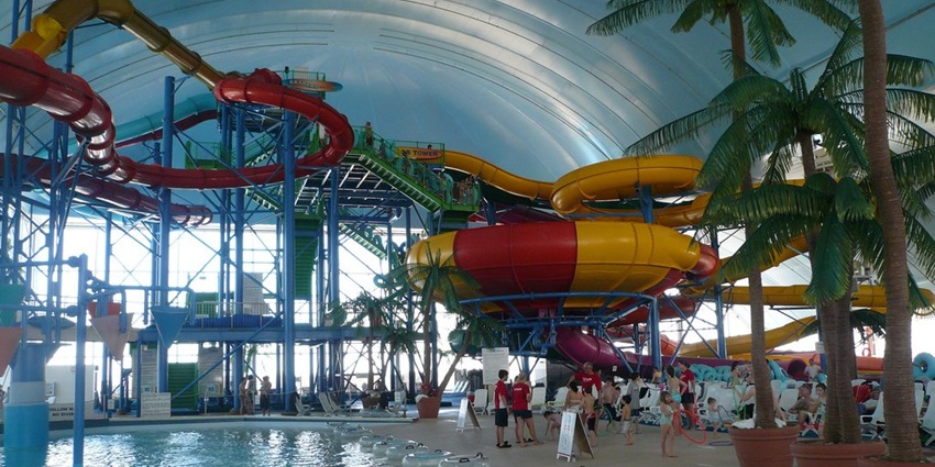 Snapshot from the inside of the waterpark in goa where people are waiting in line for the ride