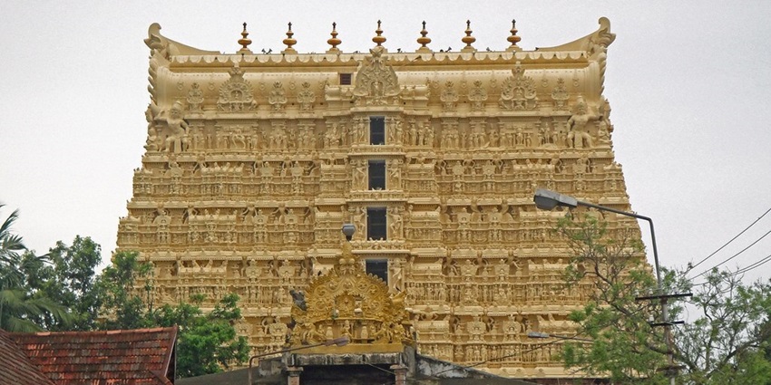 Image of beautiful Sree Padmanabhaswamy Temple with golden colour architecture