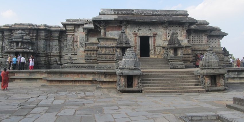 A frontal view of a traditionally built historical temple in East Godavari with intricate wall carvings